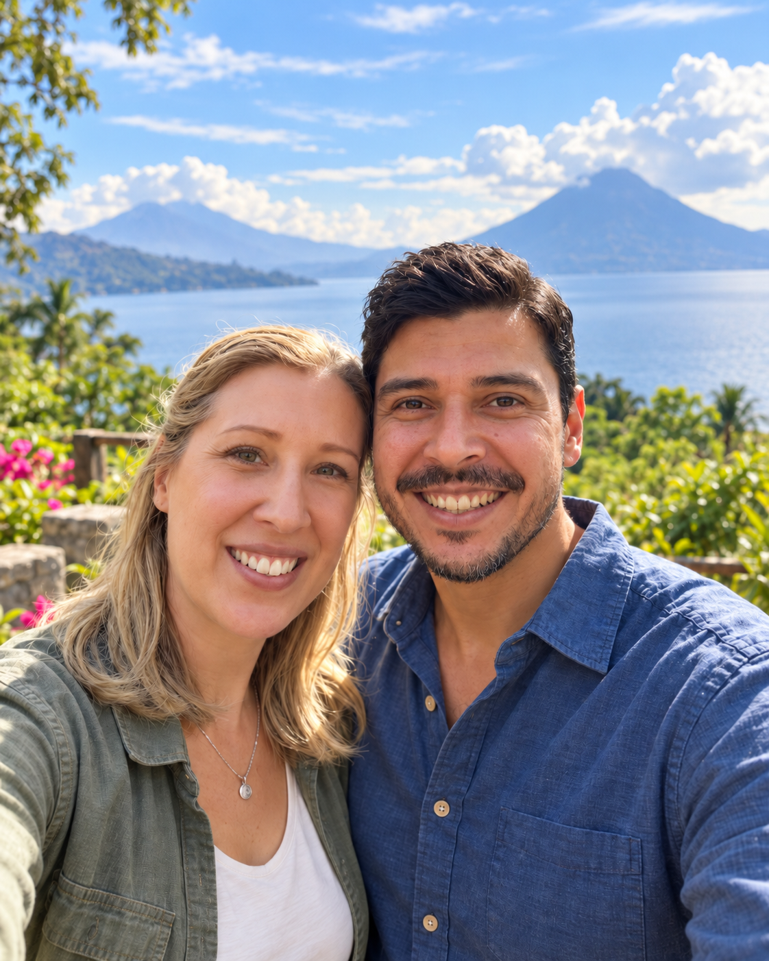 Angela y Diego en el lago de Atitlán, con el lago y los volcanes al fondo
